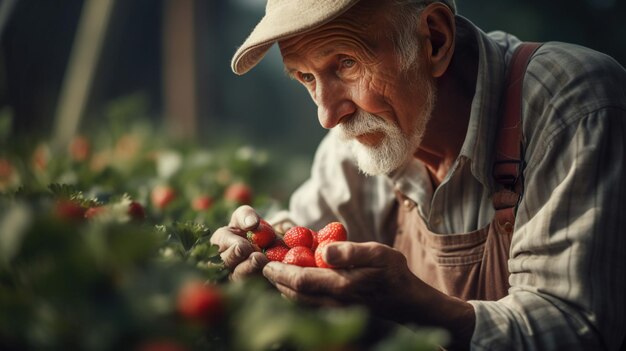 Foto un uomo con un cappello tiene in mano una fragola.