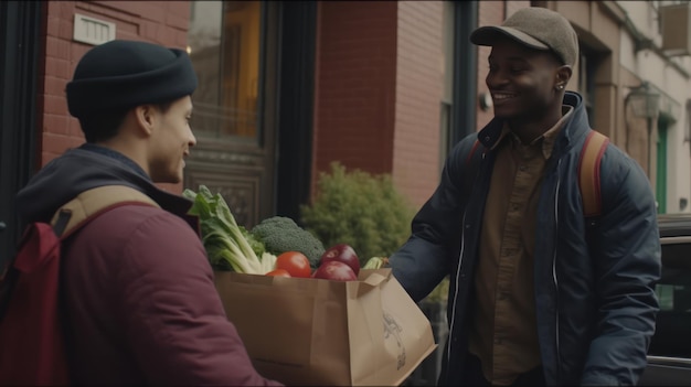 Мужчина в шляпе передает ящик с овощами мужчине в куртке.