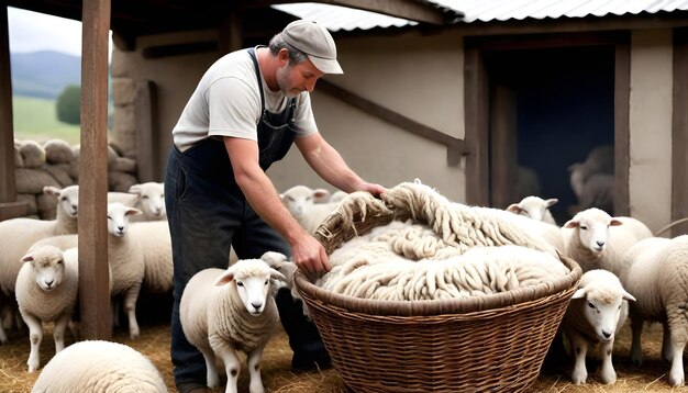 Photo a man in a hat is holding a basket of sheep