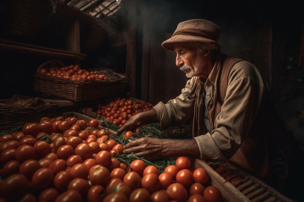 A man in a hat is looking at tomatoes in a market.