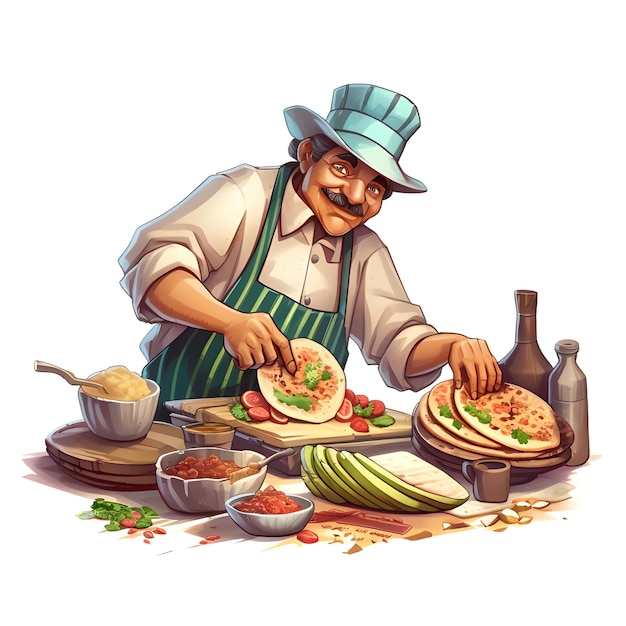 A man in a hat is making a taco.