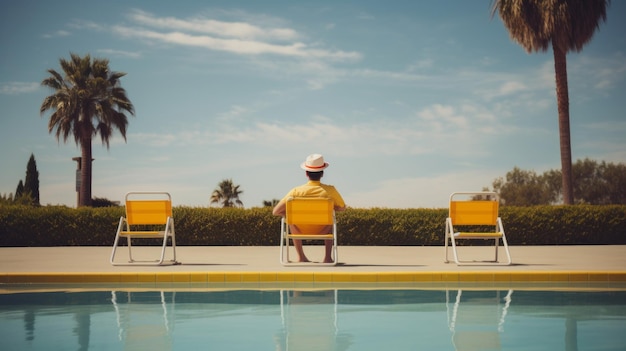 帽子をかぶった男がプールのそばに座っている美しいイラスト画ジェネレーティブAI