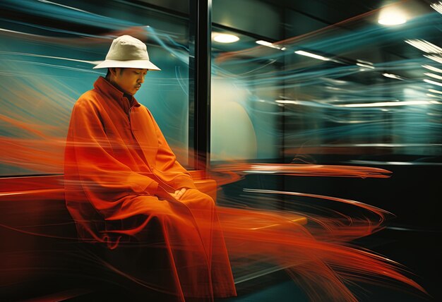 Foto un uomo con un cappello è seduto su una metropolitana