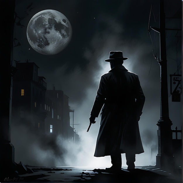 a man in a hat is standing in front of a full moon