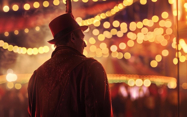 Photo man in hat is standing in the middle of crowd of people at festive fair