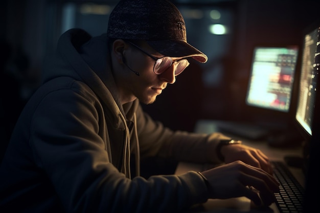 A man in a hat is typing on a keyboard in a dark room.