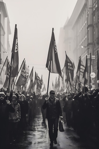 a man in a hat is walking down a street with flags and the word quot the world quot on it