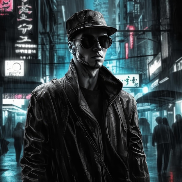 A man in a hat and jacket stands in the rain in front of a neon sign that says'cyberpunk'on it.