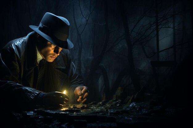 Photo man in hat looking at glowing rock