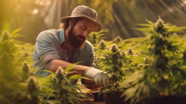 A man in a hat looks at a pot of cannabis in a field.