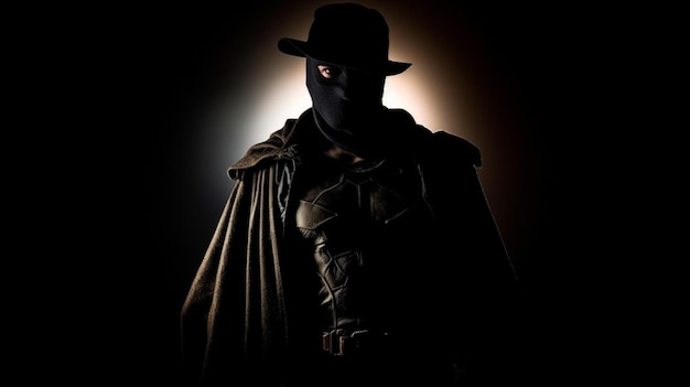 帽子とマスクをかぶった男が照明の前に立っています。