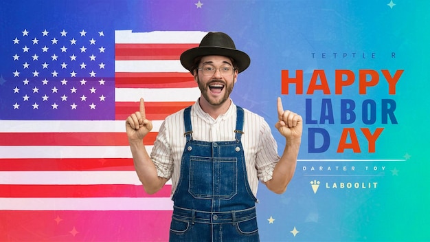 Photo a man in a hat and overalls is pointing at a sign that says quot happy day quot