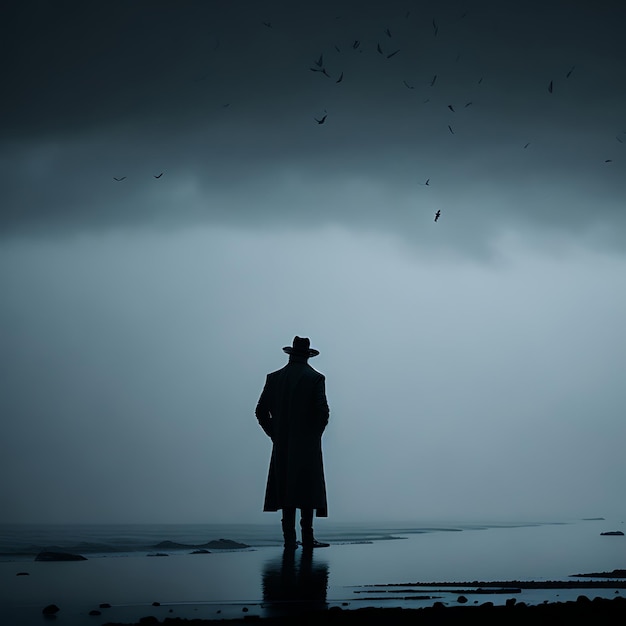 Foto uomo con cappello sotto la pioggia che guarda la nebbia che si avvicina dal mare.