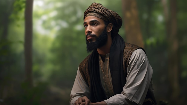 A man in a hat and scarf stands in a forest.