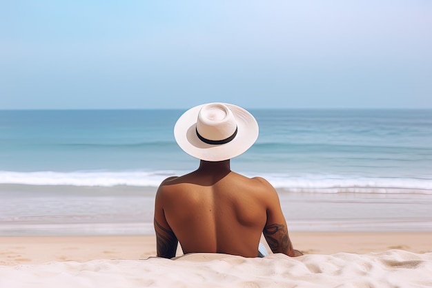A man in a hat sits on a beach and looks at the ocean