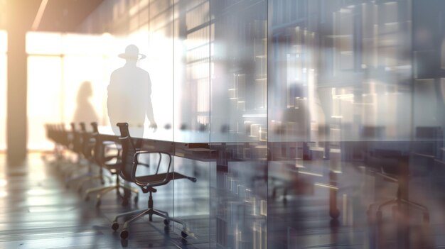 a man in a hat sits at a desk in an office