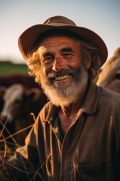 Foto un uomo con un cappello in piedi di fronte a un gregge di mucche