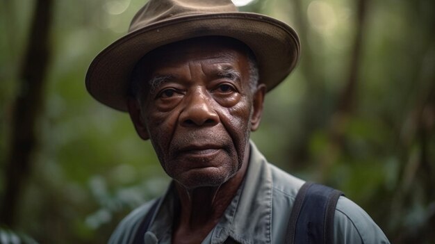 A man in a hat stands in the forest.