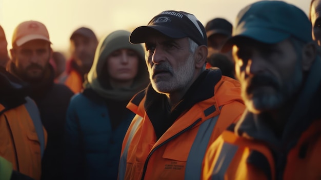 A man in a hat stands in front of a crowd of people wearing orange vests and a black cap that says'the word'emp'on it