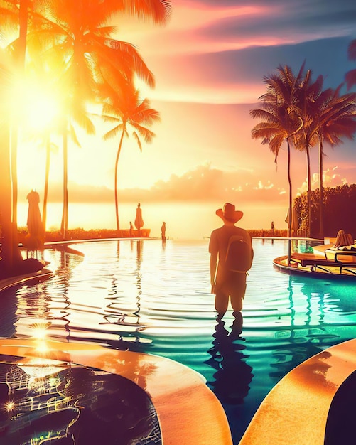 A man in a hat stands in a pool with palm trees in the background.