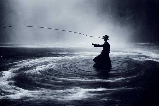 Premium Photo  A man in a hat stands in a river with a fishing line.