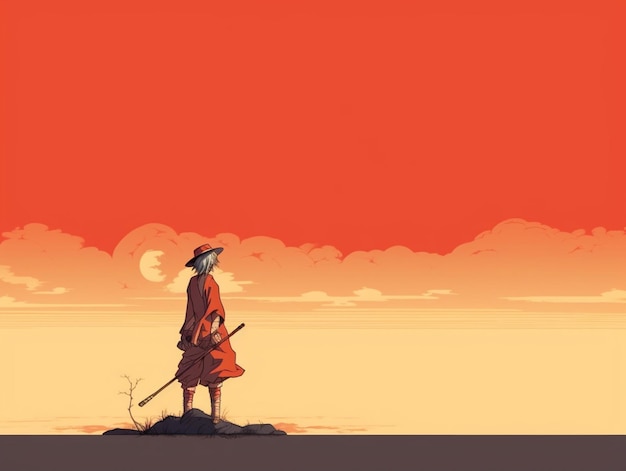 A man in a hat stands on a rock in front of a red sky.