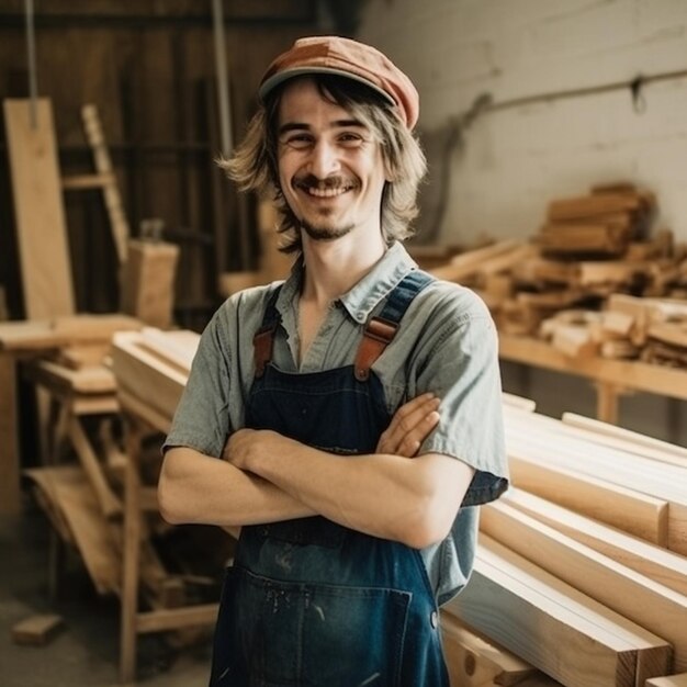 A man in a hat stands in a workshop with a wooden table in the background.