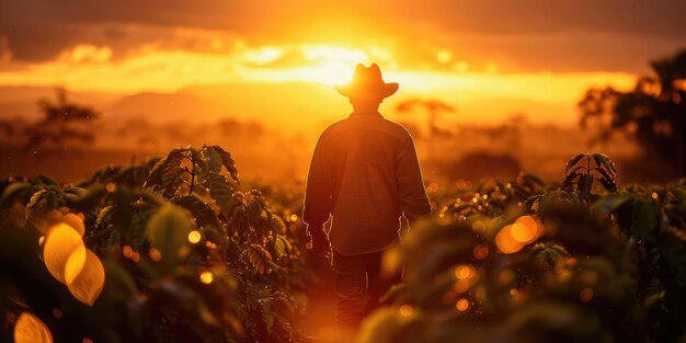 Photo man in a hat strolling in a coffee field in the sunlight generative ai