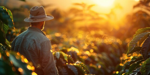 帽子をかぶった男が太陽の光でコーヒー畑を散歩している