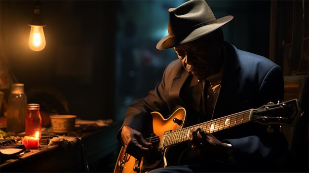 a man in a hat and suit playing a guitar