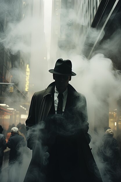 Человек в шляпе и костюме стоит на улице с дымом, выходящим из его шляпы