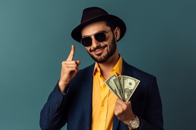 A man in a hat and sunglasses holds a stack of money in his hand.