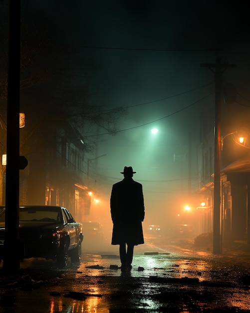 A man in a hat walks down a street in the fog.