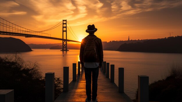 A man in a hat walks through a bridge at sunrise