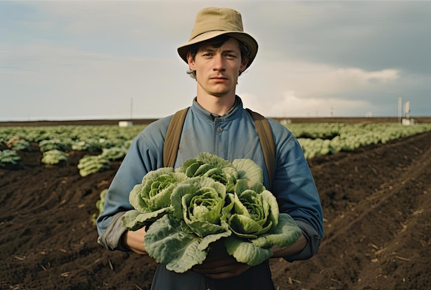Photo a man in a hat with lettuce on a field in the style of photorealistic portraits