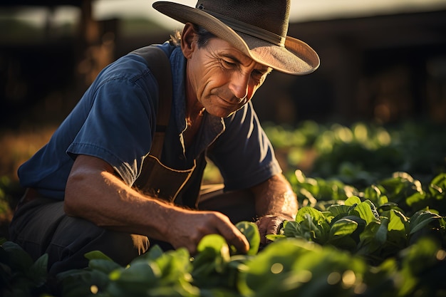 a man in a hat working in a field