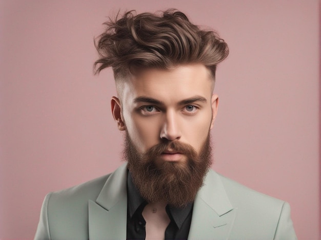 A man have long beard and nice hairstyle wearing trendy high quality suit