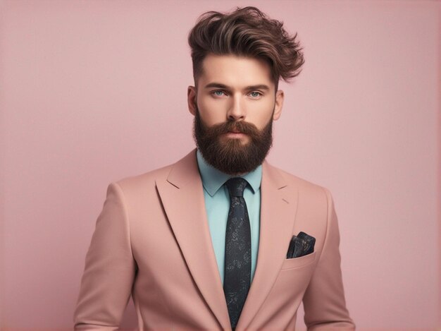 A man have long beard and nice hairstyle wearing trendy high quality suit