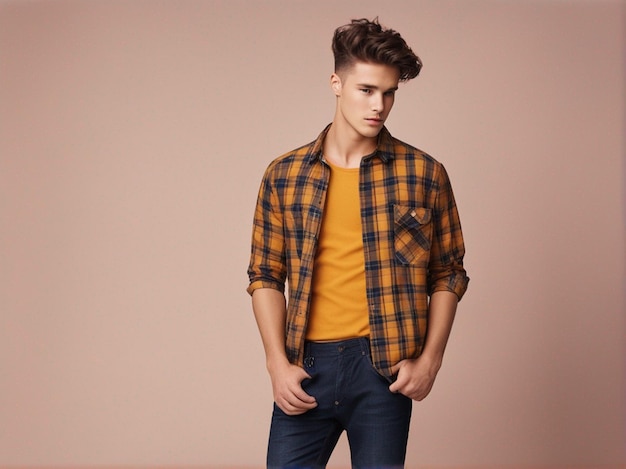 A man have nice hairstyle wearing trendy high quality checked shirt fashion photography