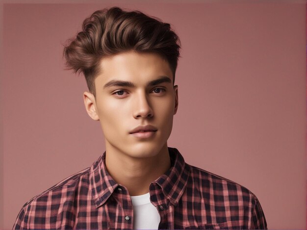 Photo a man have nice hairstyle wearing trendy high quality checked shirt fashion photography