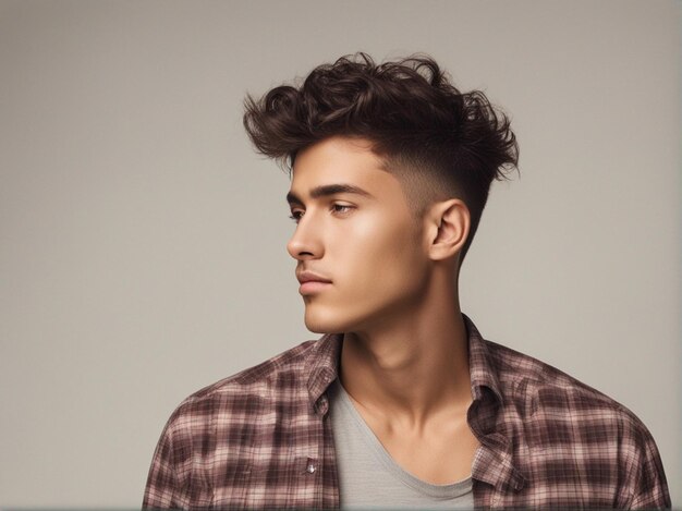 A man have nice hairstyle wearing trendy high quality checked shirt fashion photography