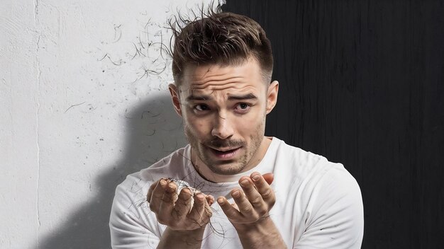 Man having hair fall problem standing against white background