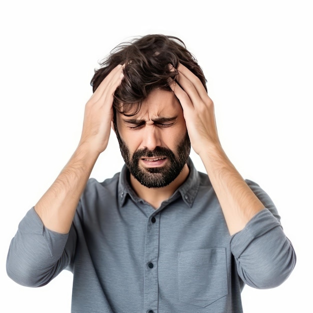 man having headache isolated white background