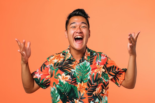 a man in a hawaiian shirt is smiling and has his hands in the air