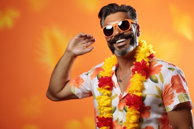 Человек в гавайской рубашке и солнцезащитных очках