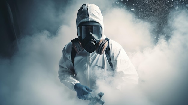 Мужчина в защитном костюме и маске стоит среди дыма, освещенного сверху, в атмосфере напряженности и опасности.