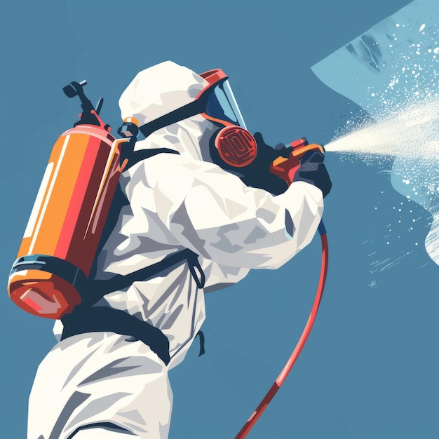 Photo man in hazmat suit spraying water from hose vector illustration