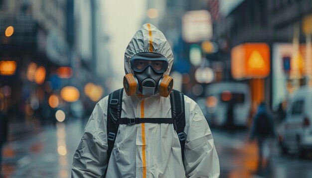 ハズマットスーツを着た男性が雨の中に立っています