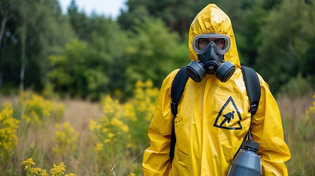 Man in hazmat suit surveying a natural landscape