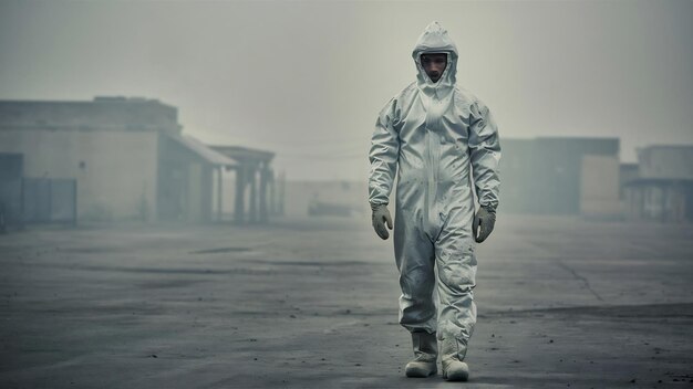 Photo man in hazmat suit with copy space